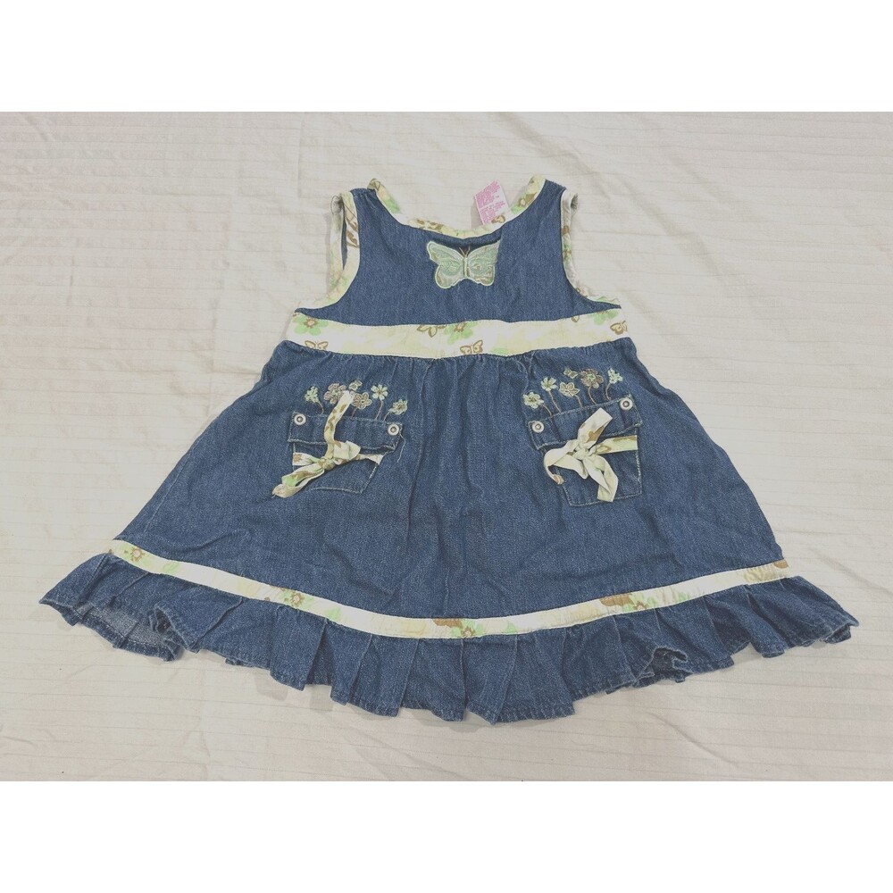 NO KIDDING GIRLS DENIM SLEEVELESS COTTON EMBROIDERED DRESS SIZE 24 MONTHS